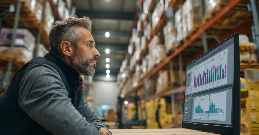 Business professional analysing supply chain performance data on a computer in a warehouse, illustrating cybersecurity and resilience monitoring.